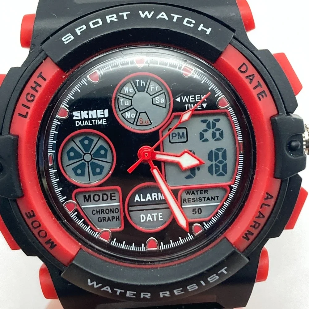 Lot of 4 Men's Watches Digital Armitron Skmei Black White Red Alarm Date Chrono